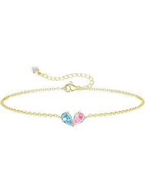 03-10 March&October Gold 2 Birthstone Heart Bracelet 14K Plated CZ